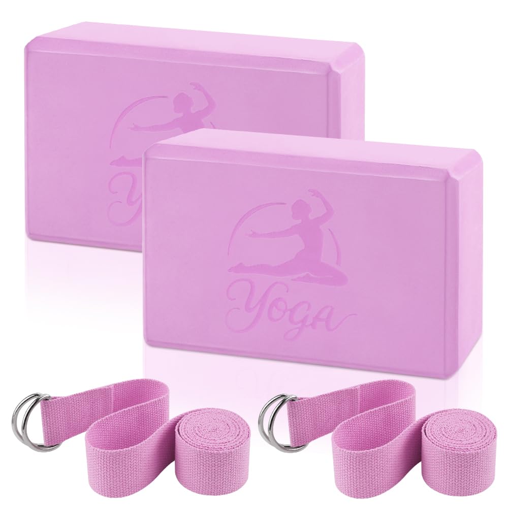 2 Yoga Block and 2 Yoga Strap Set,Non-slip EVA Foam Blocks, High Density Yoga Bricks with 6ft Strap, Supportive Latex-Free Yoga Block Accessories for Pilates