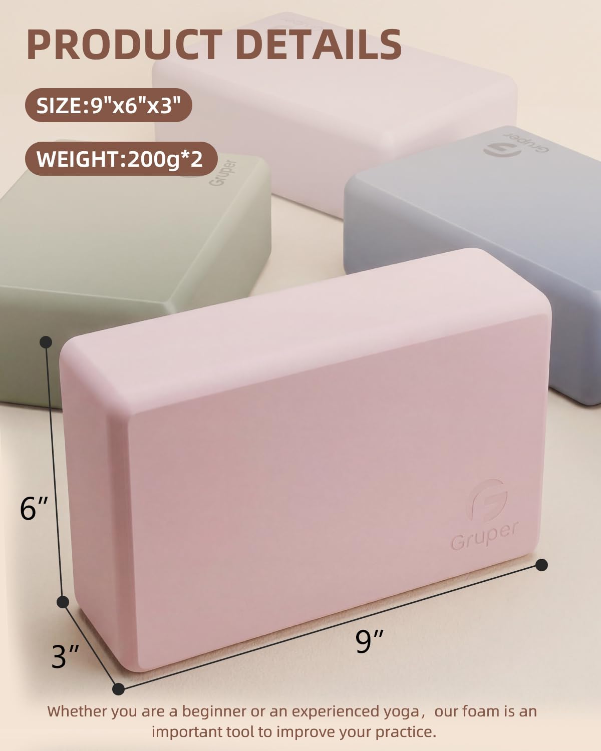 Gruper Yoga Blocks 2 Pack, 9"x6"x3" Exercise Blocks Pilates Blocks