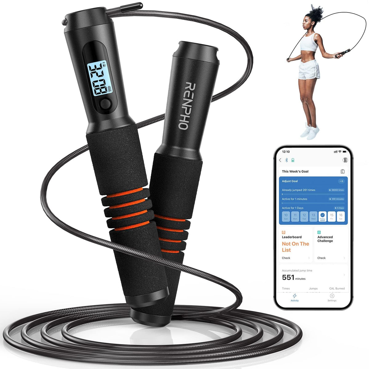 RENPHO Smart Jump Rope with Counter, App Data Tracking, LCD Display