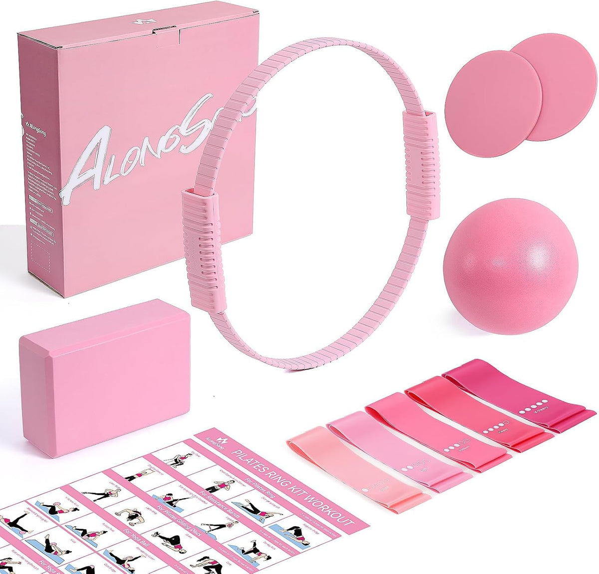 ALongSong Pilates Kit for Women, 13.7in Silicone Pilates Ring with 5 Resistance Bands, 1 Pilates Ball, 1 Pilates Block, 2 Core Sliders, Video Guide for Full Body Home Workouts