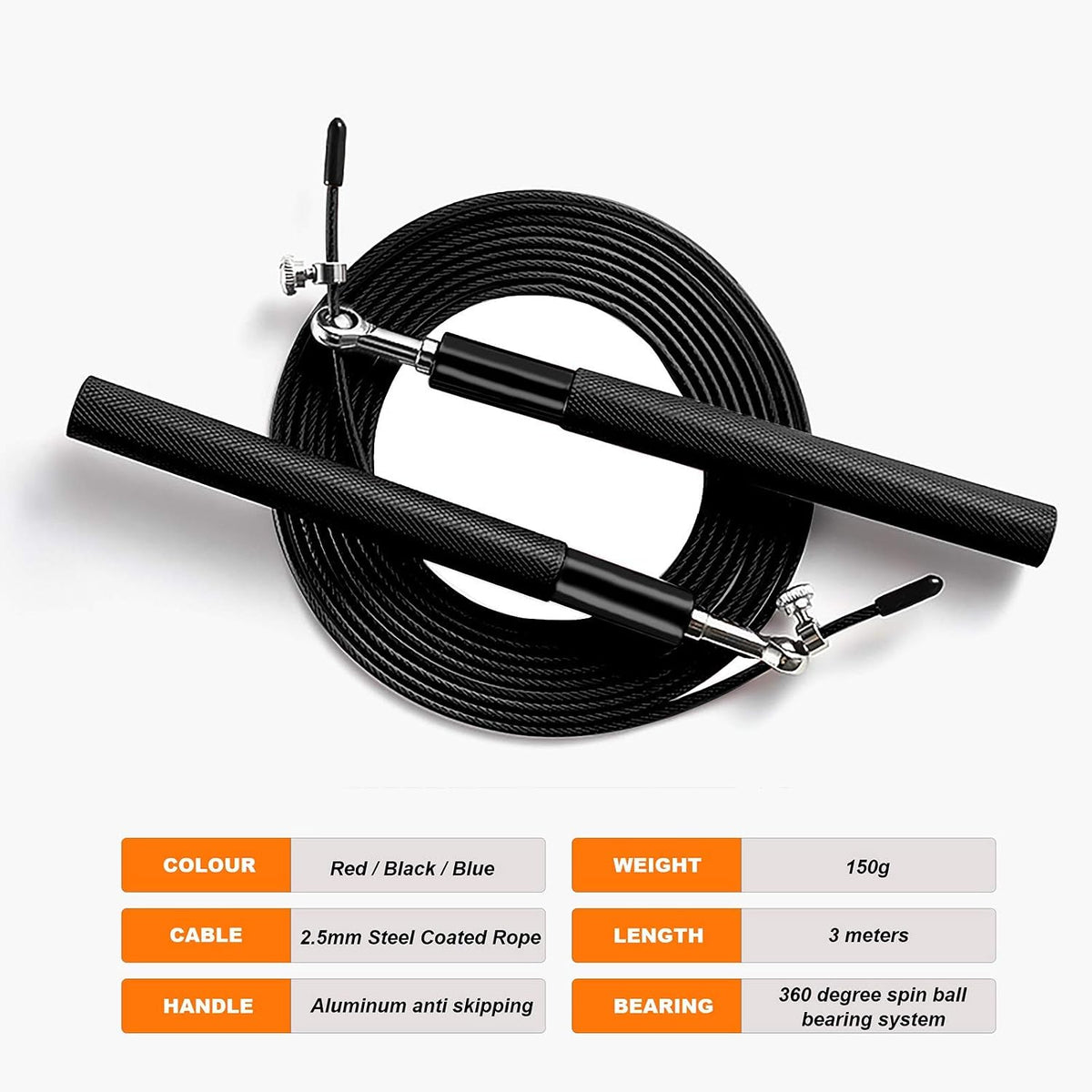 Speed Jump Rope: Steel-Coated Rope, Aluminum Anti-Skip Handle for Fitness