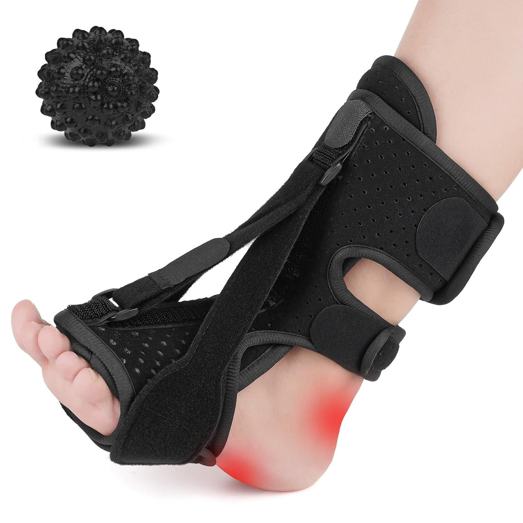 Plantar Fasciitis Night Splint with Massage Ball, 2-in-1 Recovery Kit for Morning Pain Relief, Adjustable Foot Brace for Sleeping, Achilles Tendonitis Heel Spur Support, Fits Women Men Black