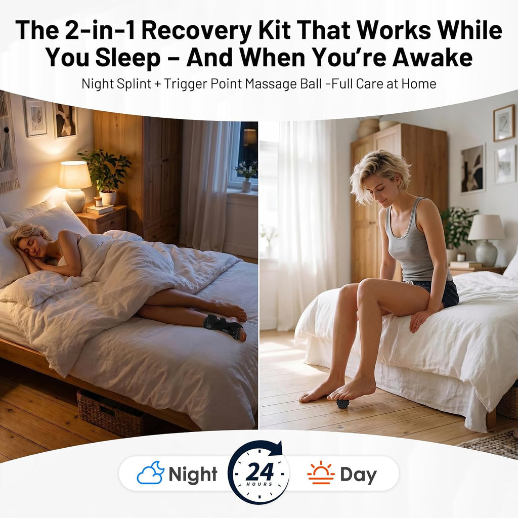Plantar Fasciitis Night Splint with Massage Ball, 2-in-1 Recovery Kit for Morning Pain Relief, Adjustable Foot Brace for Sleeping, Achilles Tendonitis Heel Spur Support, Fits Women Men Black