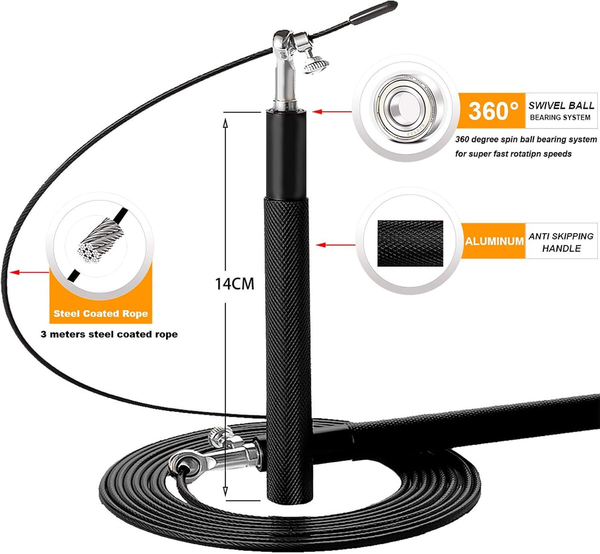 Speed Jump Rope: Steel-Coated Rope, Aluminum Anti-Skip Handle for Fitness