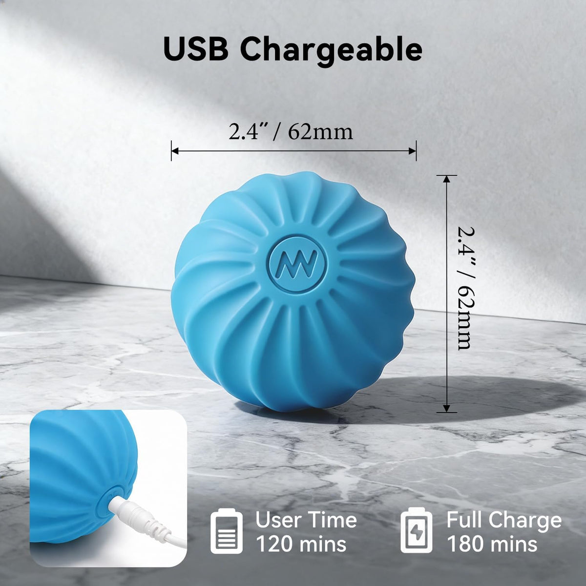 2.4" Mini Electric Vibrating Massage Ball, 10-Speed Fitness Yoga Massage Roller for Palm, Hand, Foot, Leg, Neck, Back, Multi-Directional Massage Ball (Blue)