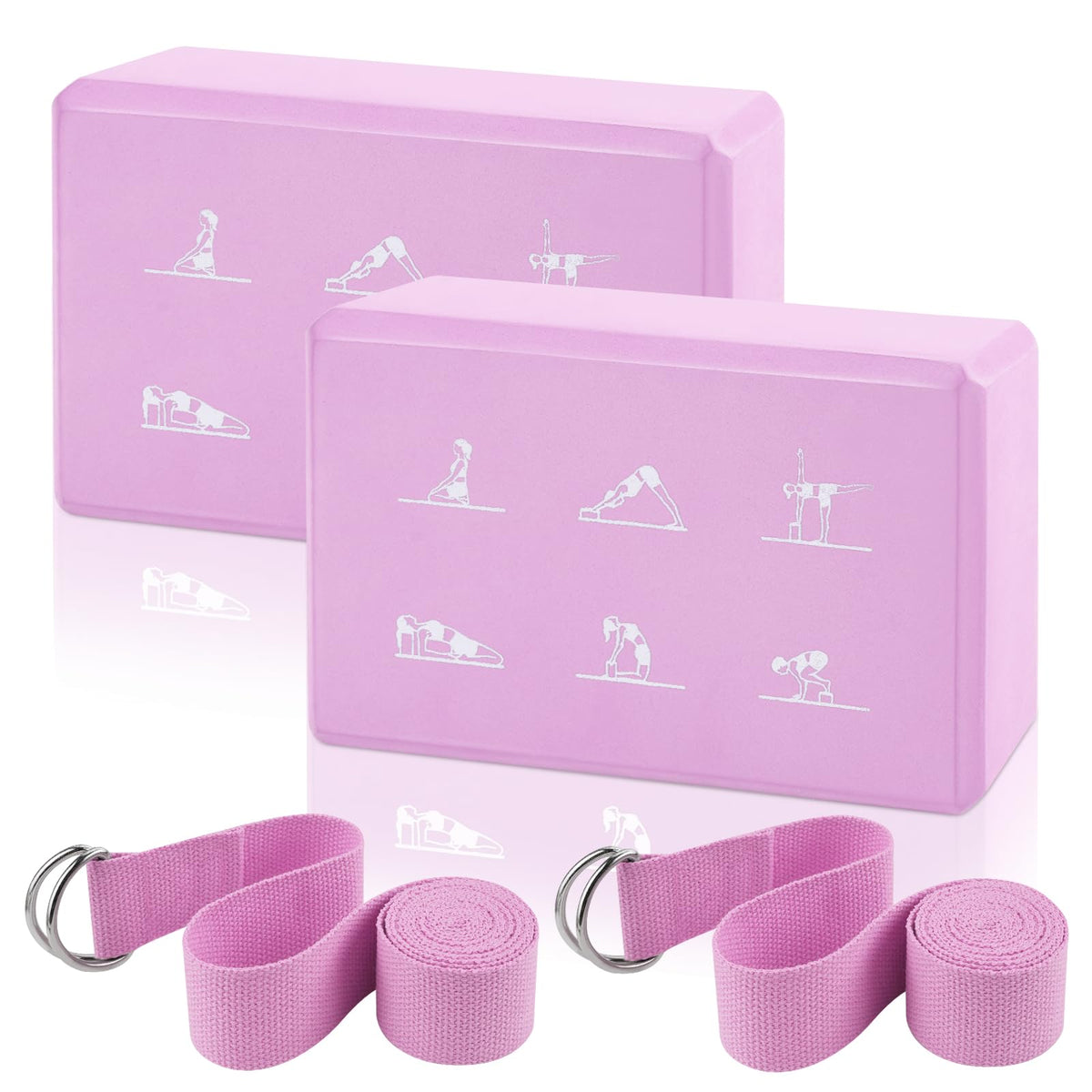 2 Yoga Block and 2 Yoga Strap Set,Non-slip EVA Foam Blocks, High Density Yoga Bricks with 6ft Strap, Supportive Latex-Free Yoga Block Accessories for Pilates