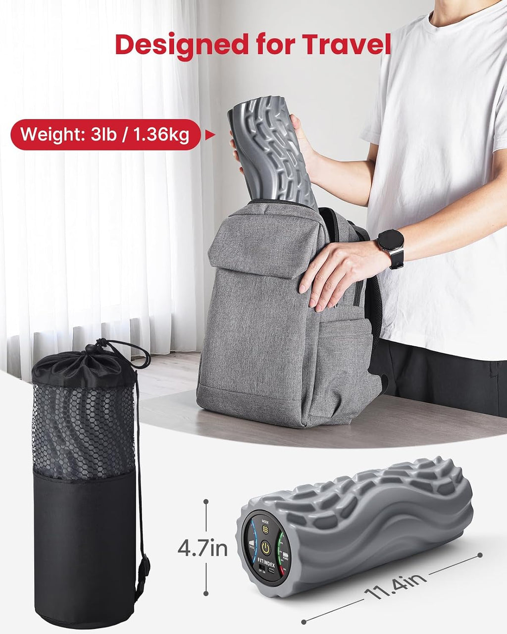 FITINDEX Vibrating Foam Roller for Exercise,5 Vibration Speeds,Rechargeable