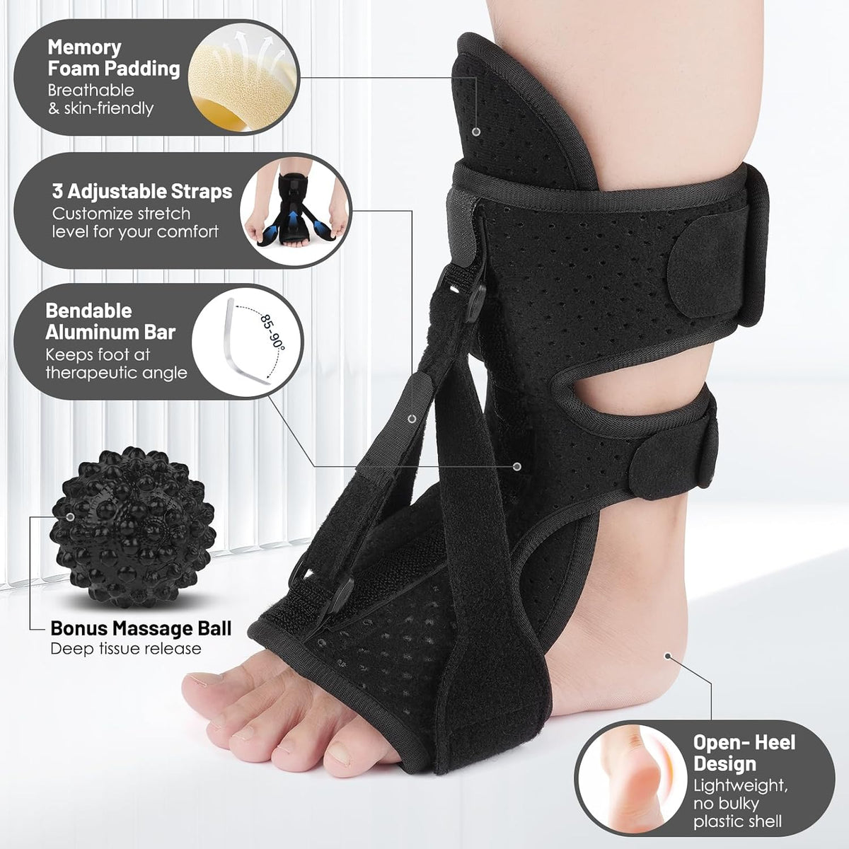 Plantar Fasciitis Night Splint with Massage Ball, 2-in-1 Recovery Kit for Morning Pain Relief, Adjustable Foot Brace for Sleeping, Achilles Tendonitis Heel Spur Support, Fits Women Men Black