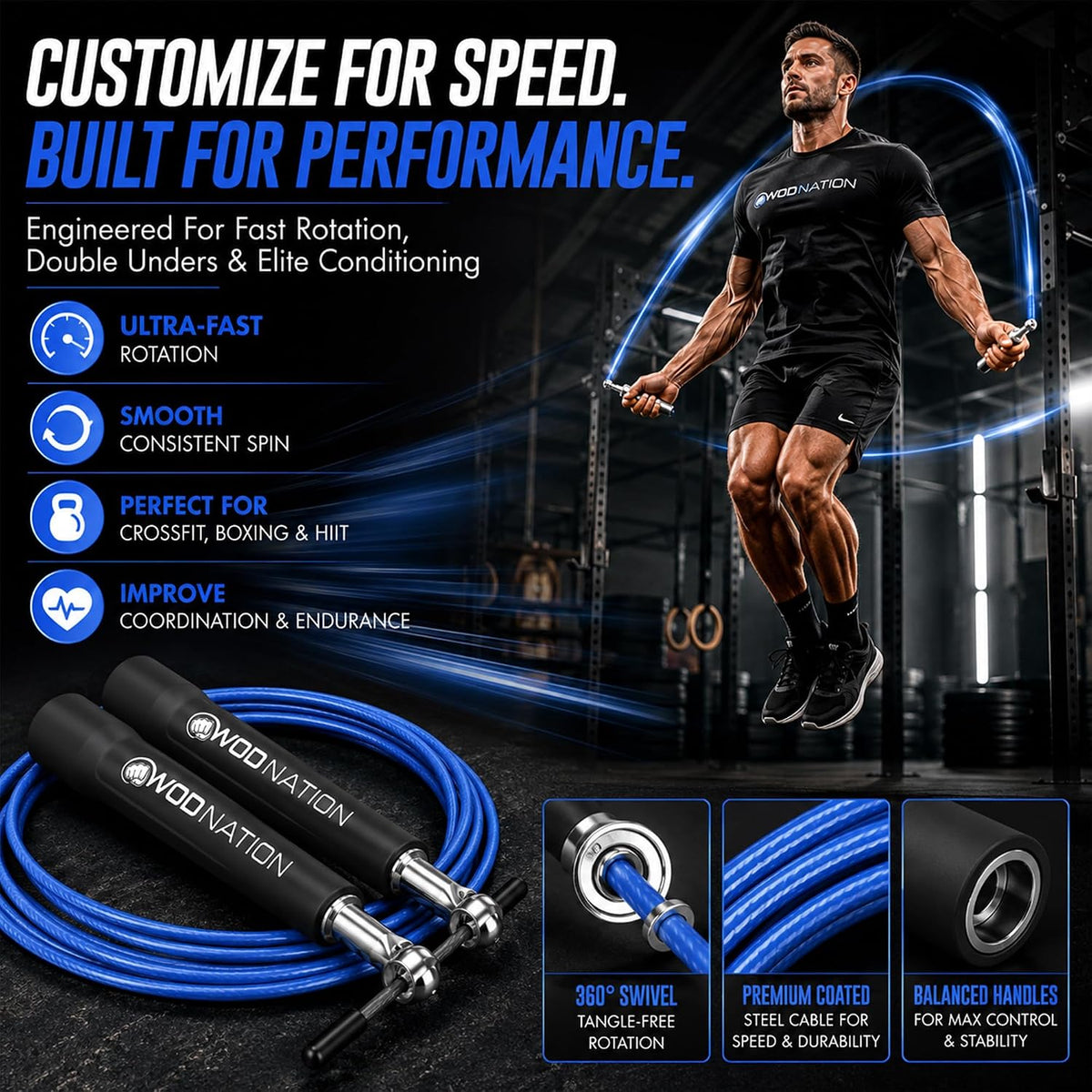 WOD Nation Adjustable Speed Jump Rope For Men, Women & Children - Blazing Fast Fitness Skipping Rope Perfect for Boxing, MMA, Endurance