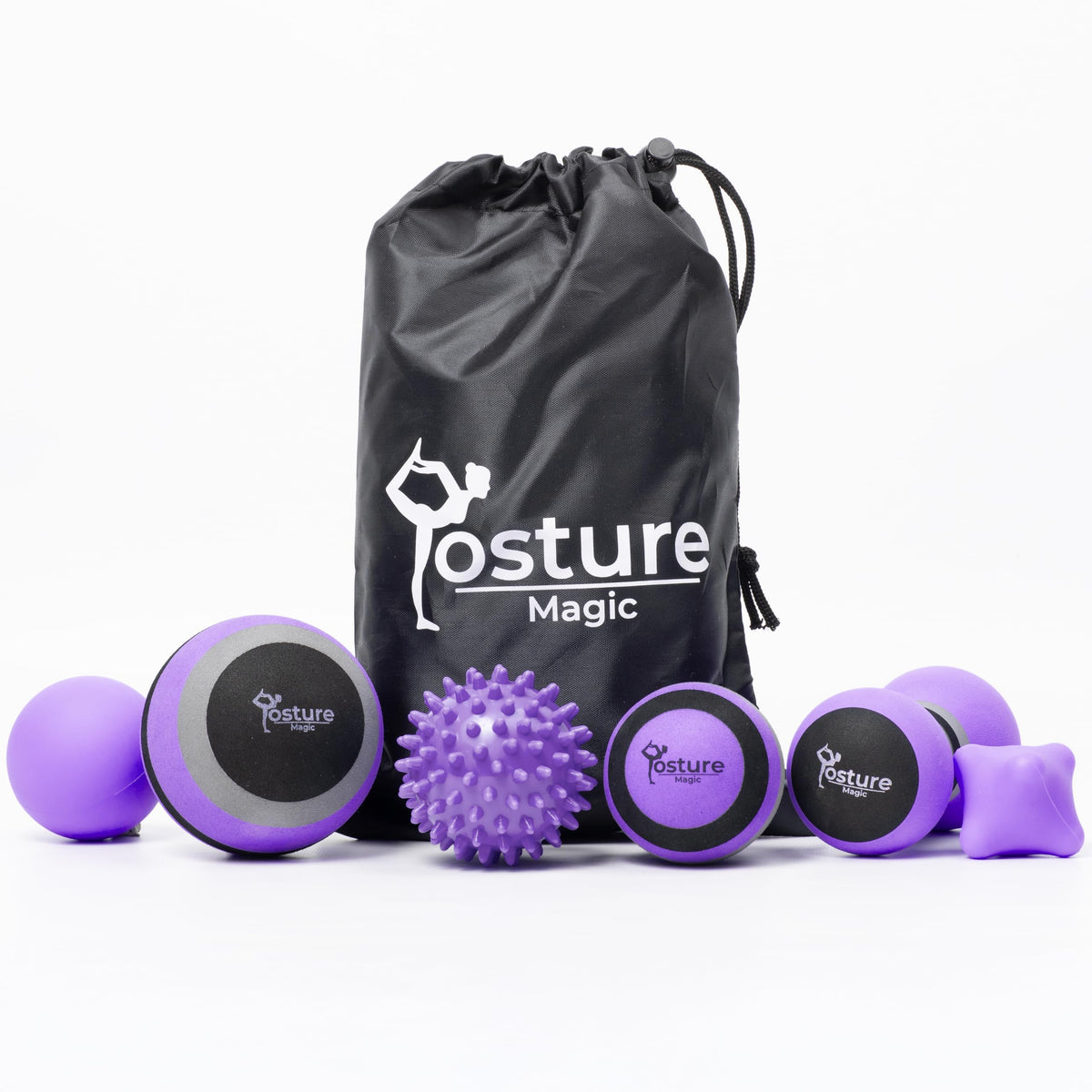 Posture Magic Massage Ball Set for Myofascial Trigger Point Release & Deep Tissue Massage - Set of 6 - Large Foam/Small Foam/Lacrosse/Peanut/Spiky/Hand Exercise Ball (Blue)
