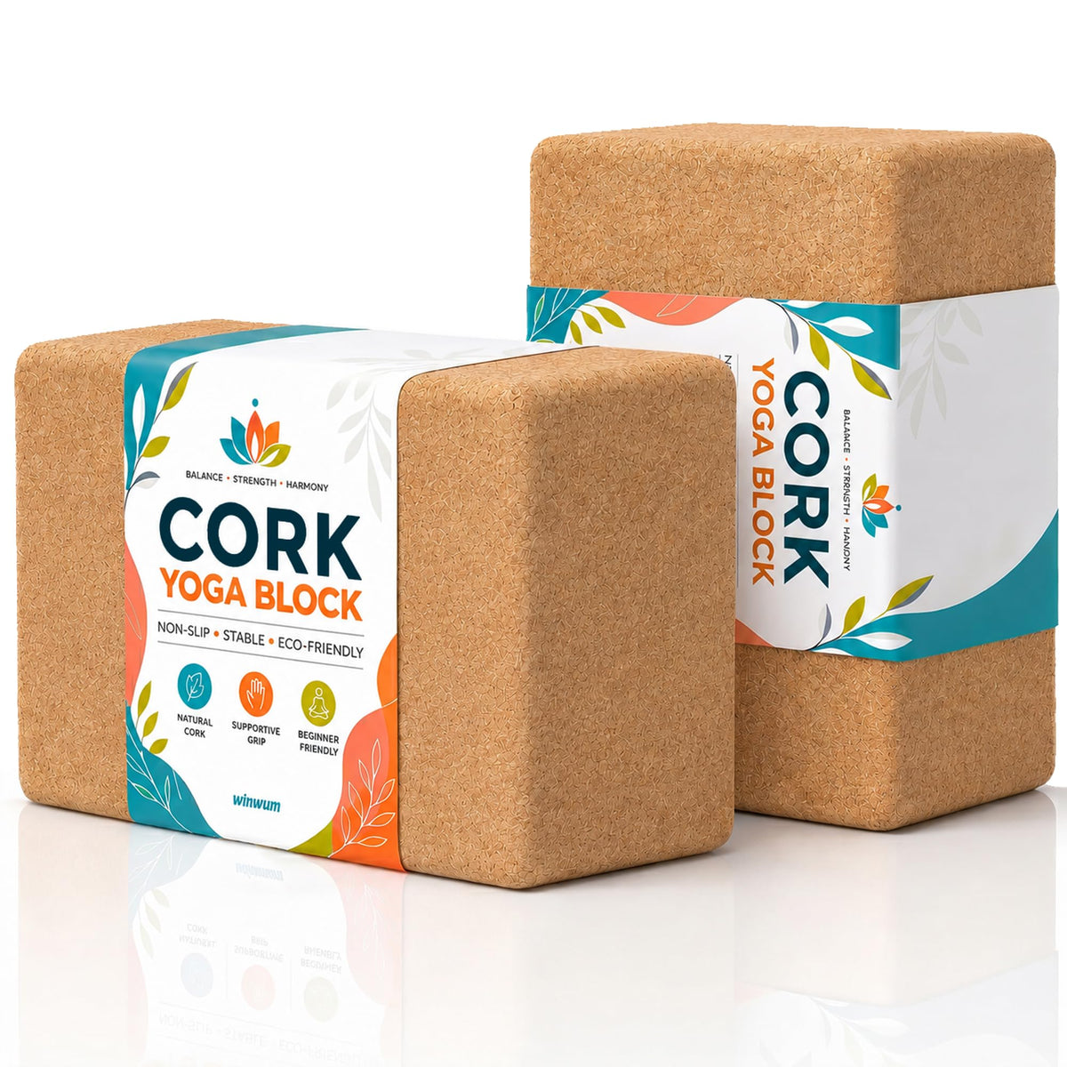2 Pack Natural Cork Yoga Blocks, High Density Non-Slip Yoga Bricks for Pilates, Stretching, Balance and Flexibility Training