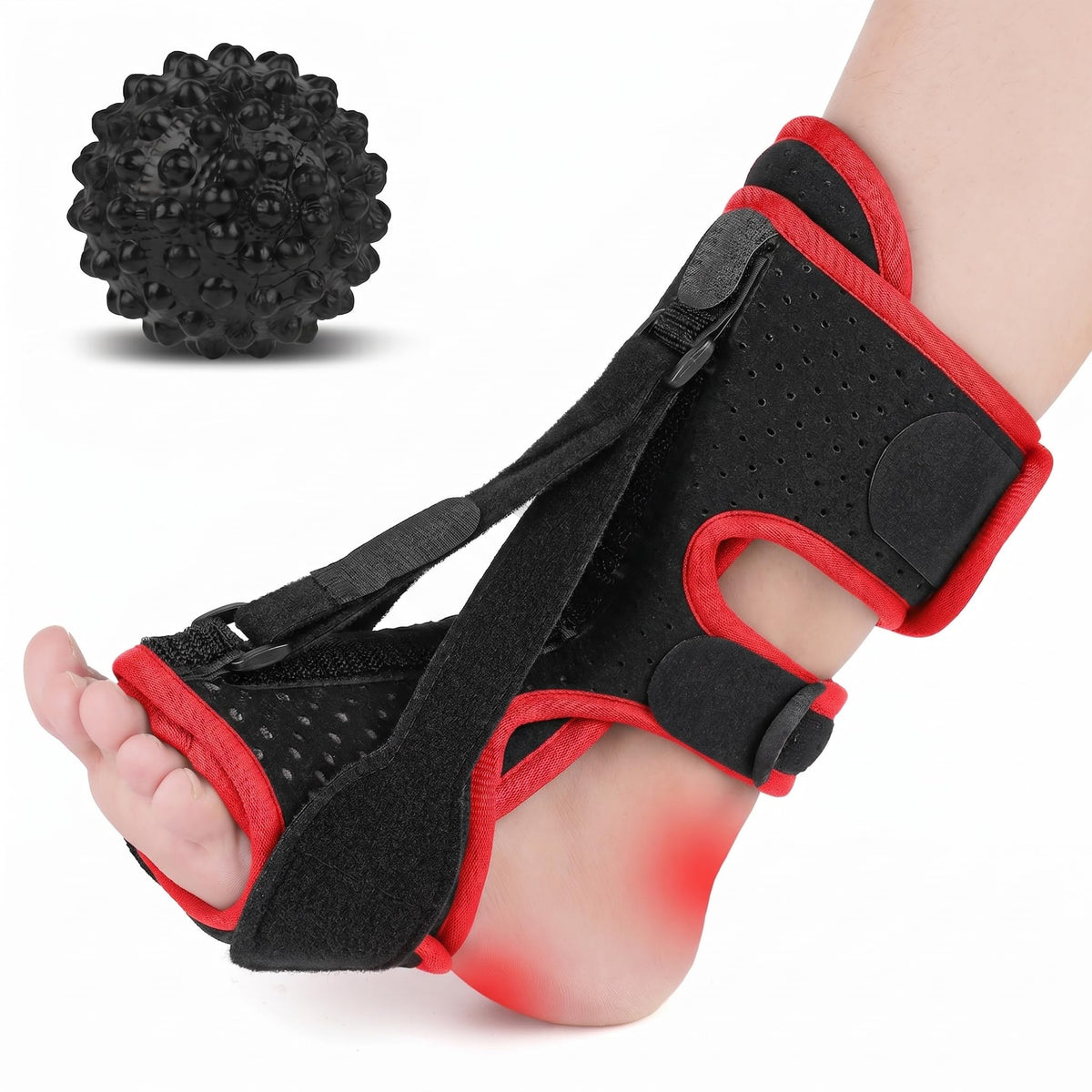 Plantar Fasciitis Night Splint with Massage Ball, 2-in-1 Recovery Kit for Morning Pain Relief, Adjustable Foot Brace for Sleeping, Achilles Tendonitis Heel Spur Support, Fits Women Men Black