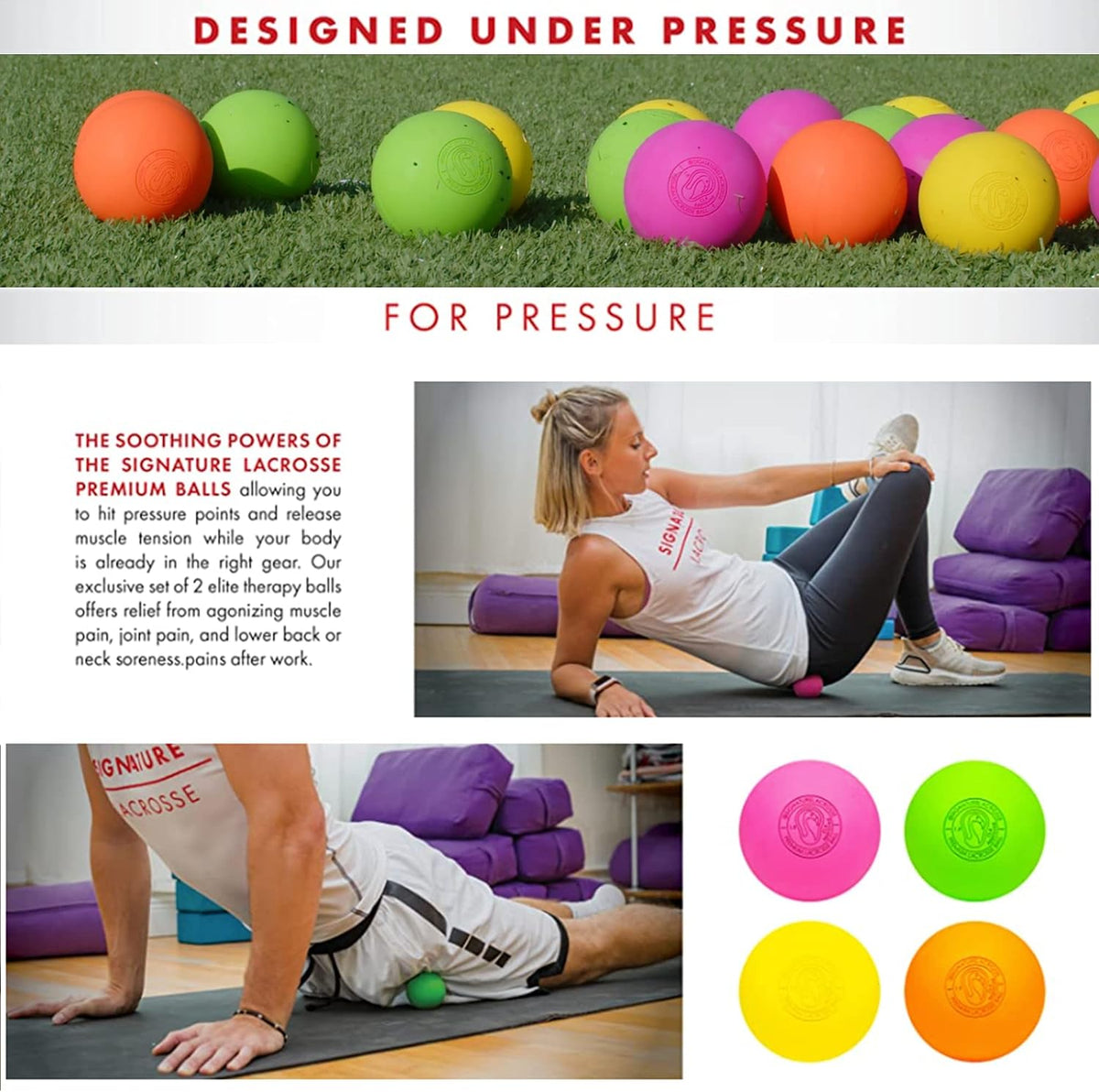 Signature Lacrosse Ball Set - Packs of 2, 4, 8, 12, and 100 - No Chemical Smell Massage Balls, Myofascial Release Tools, Back Roller, Muscle Knot Remover