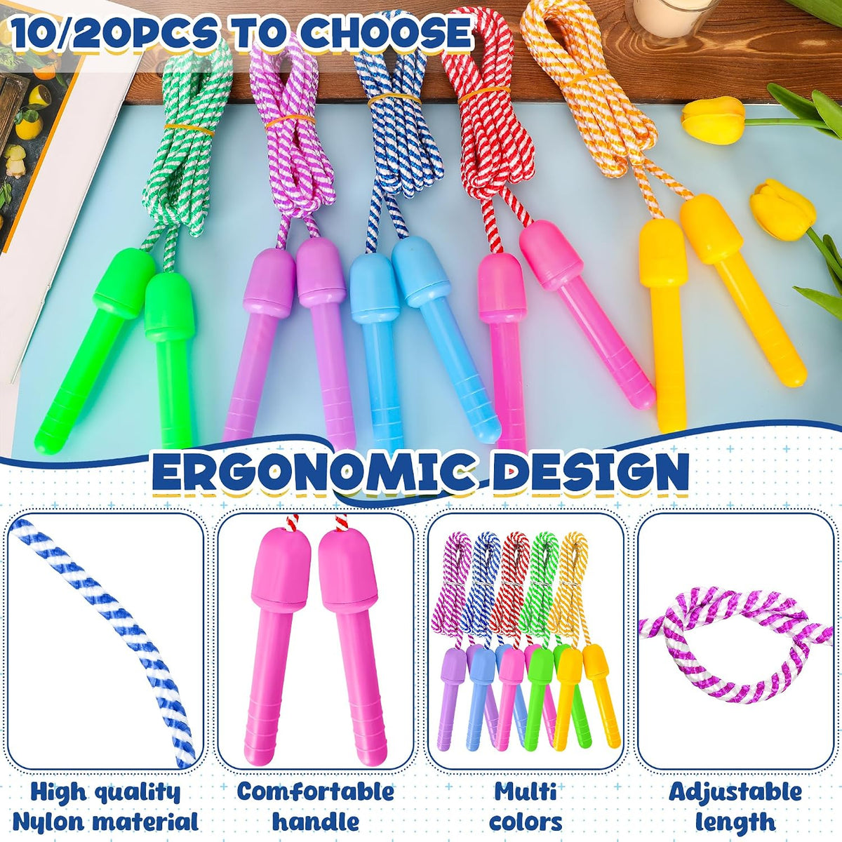 10 Pack Kids Jump Rope, Adjustable Nylon Skipping Ropes for Fitness