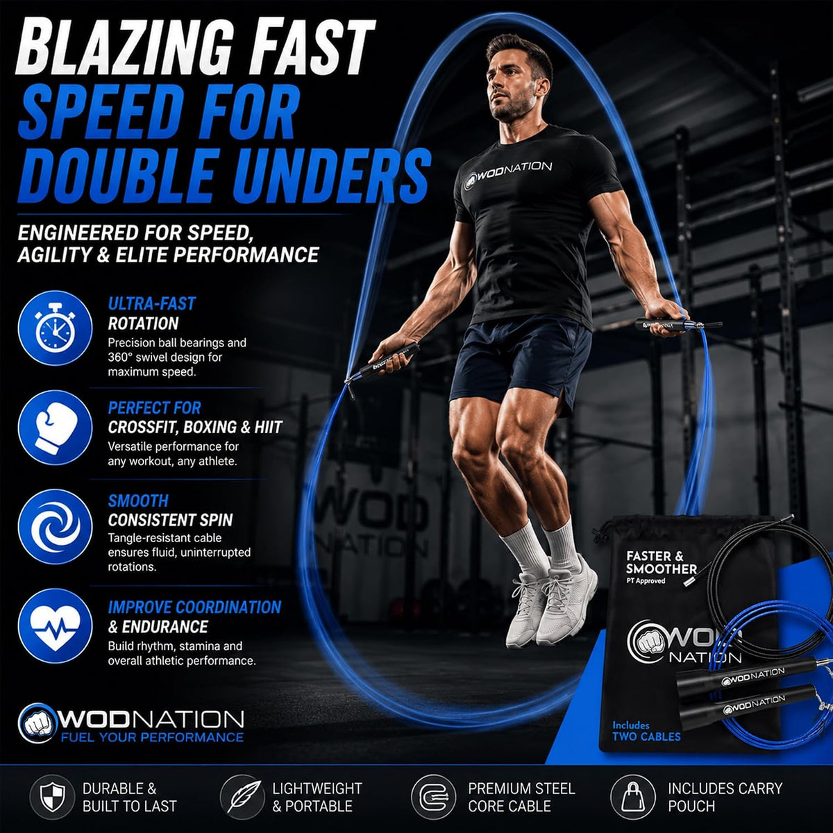 WOD Nation Adjustable Speed Jump Rope For Men, Women & Children - Blazing Fast Fitness Skipping Rope Perfect for Boxing, MMA, Endurance