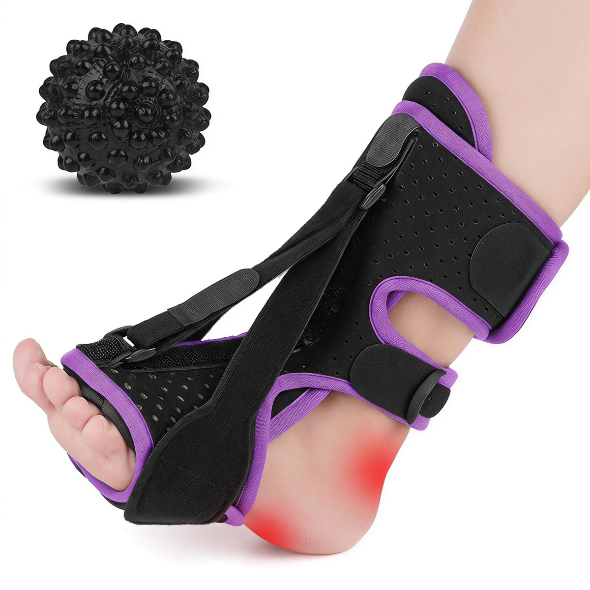 Plantar Fasciitis Night Splint with Massage Ball, 2-in-1 Recovery Kit for Morning Pain Relief, Adjustable Foot Brace for Sleeping, Achilles Tendonitis Heel Spur Support, Fits Women Men Black