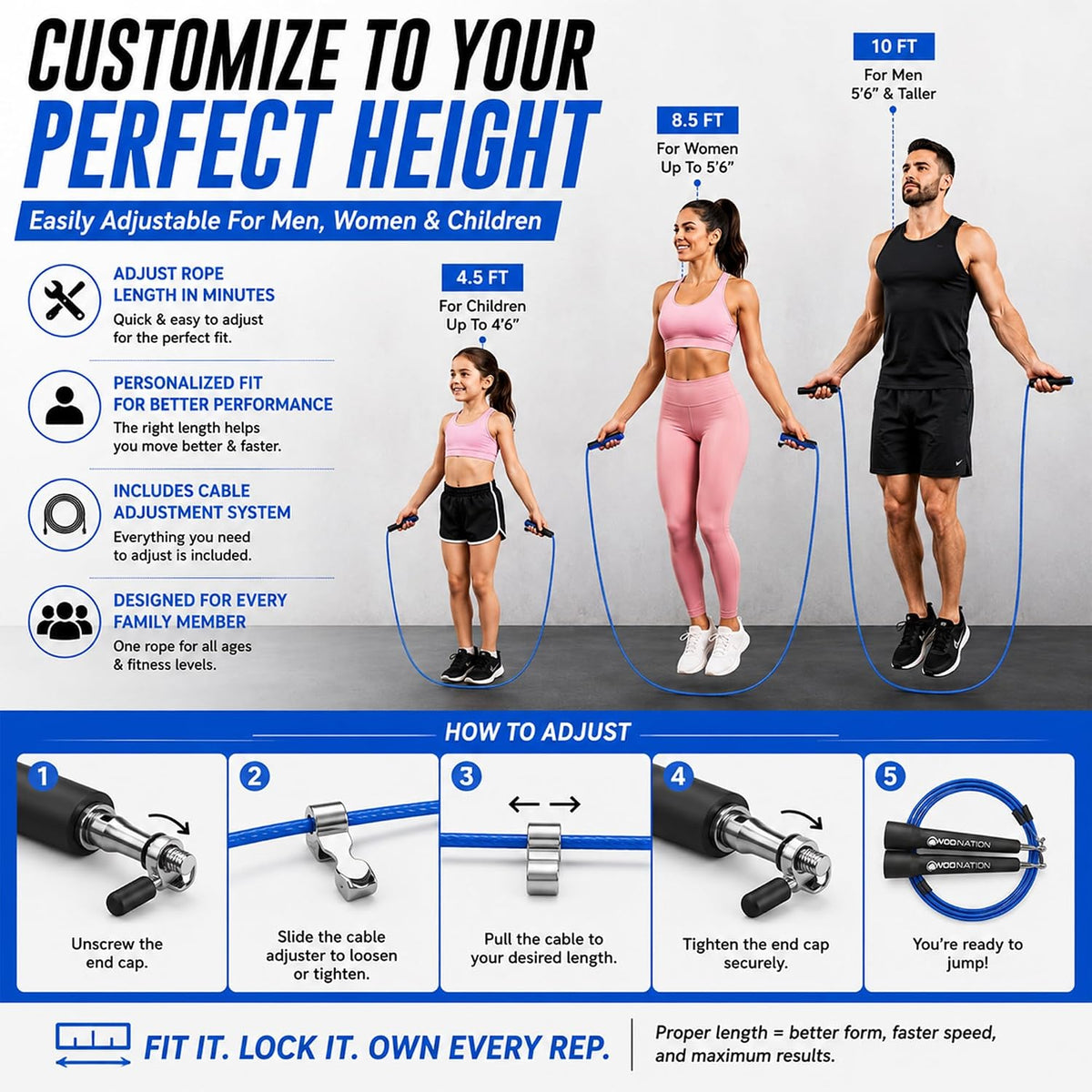 WOD Nation Adjustable Speed Jump Rope For Men, Women & Children - Blazing Fast Fitness Skipping Rope Perfect for Boxing, MMA, Endurance