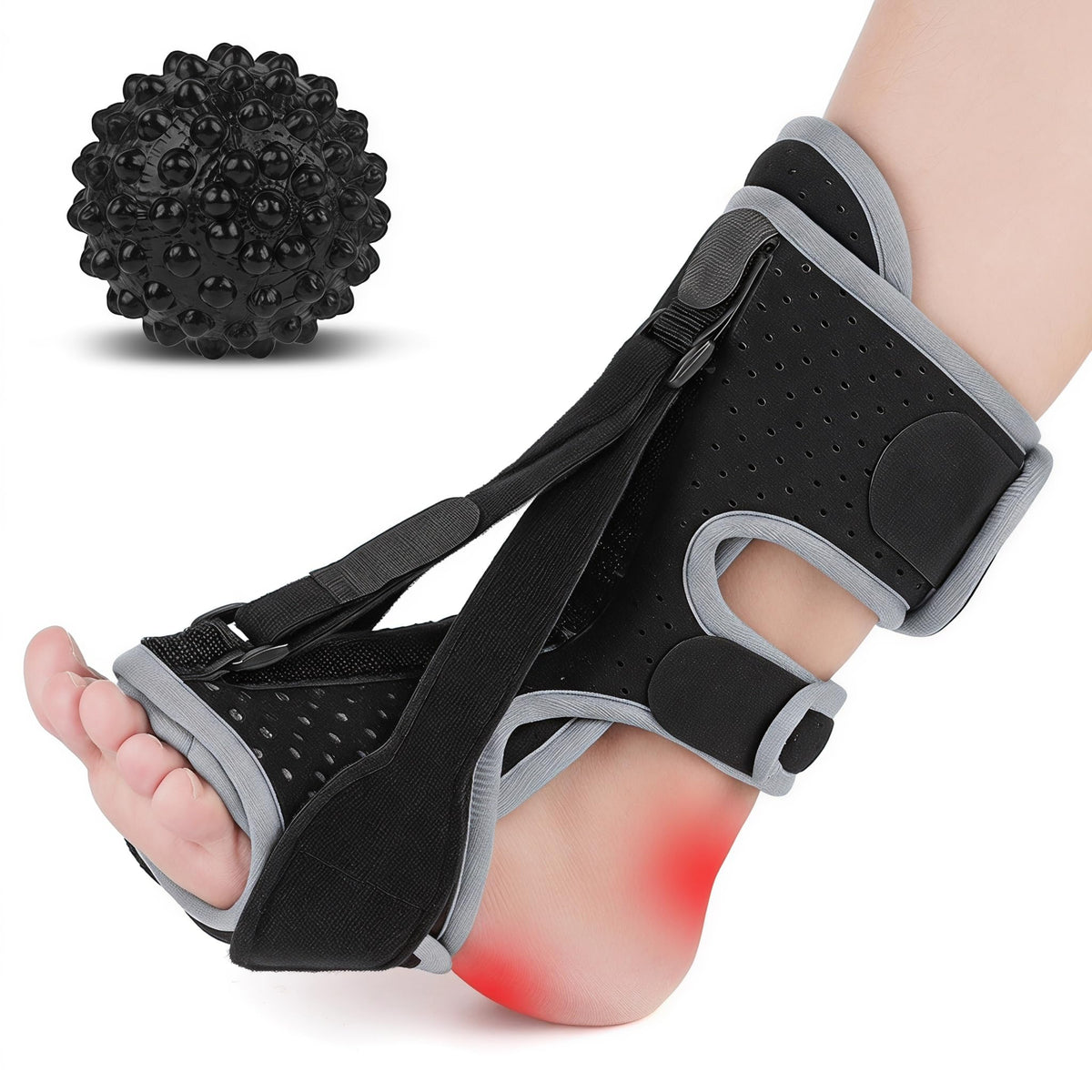 Plantar Fasciitis Night Splint with Massage Ball, 2-in-1 Recovery Kit for Morning Pain Relief, Adjustable Foot Brace for Sleeping, Achilles Tendonitis Heel Spur Support, Fits Women Men Black